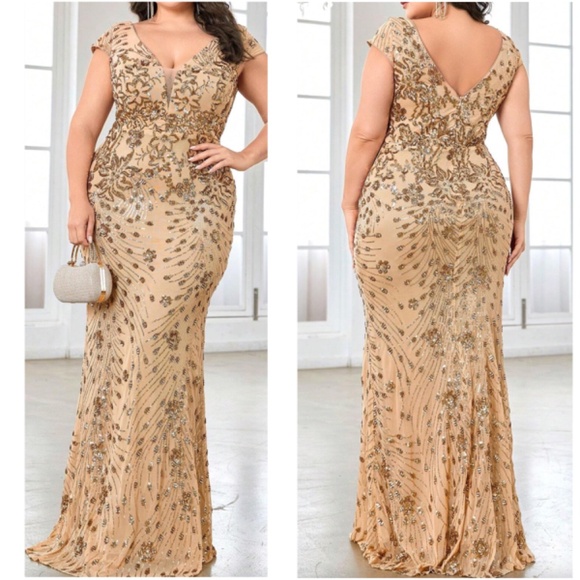 Plus V neck Sequin High Waisted Formal Black Tie Wedding Dress - Picture 4 of 8